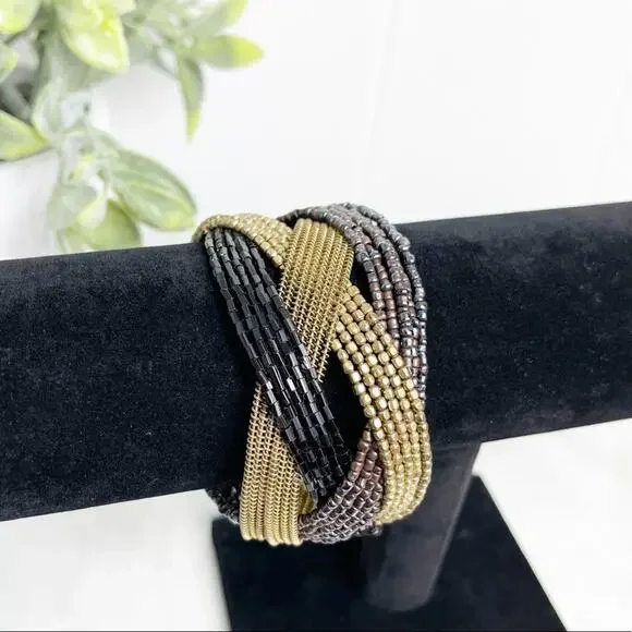 Metallic Tones Criss Cross Beaded Cuff Bracelet - Picture 6 of 6